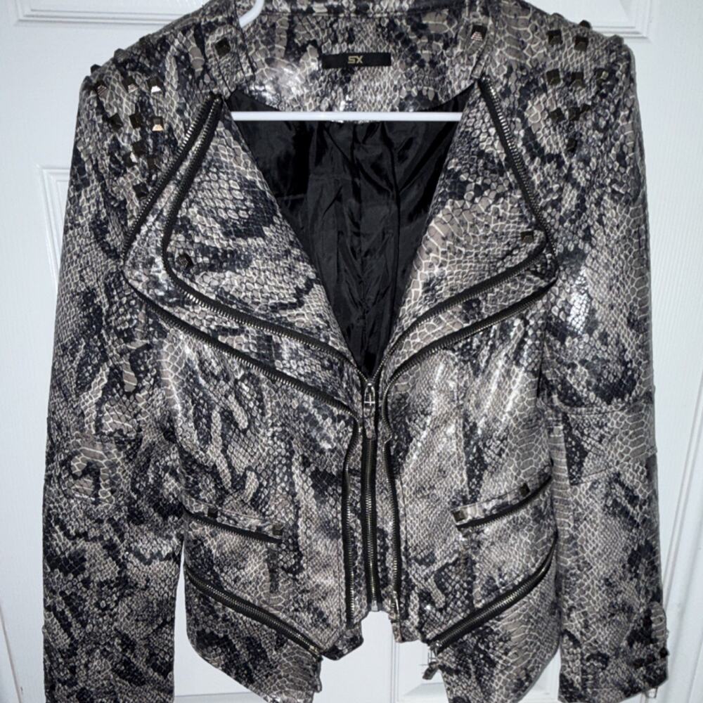 SX Snake Pattern Studded Zip Biker Jacket Women’s Short Collared Long Sleeve